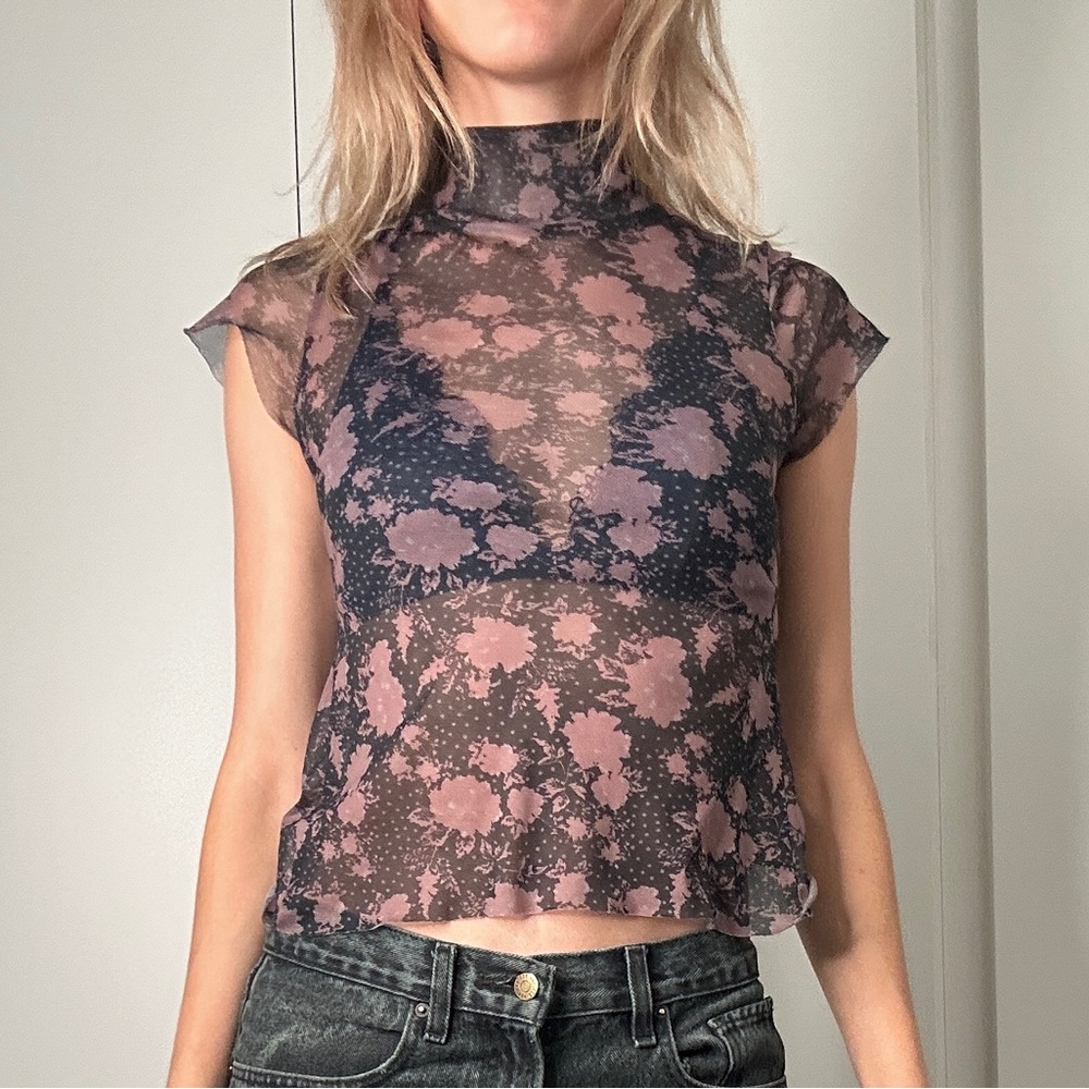 Free people mesh short sleeve floral shirt